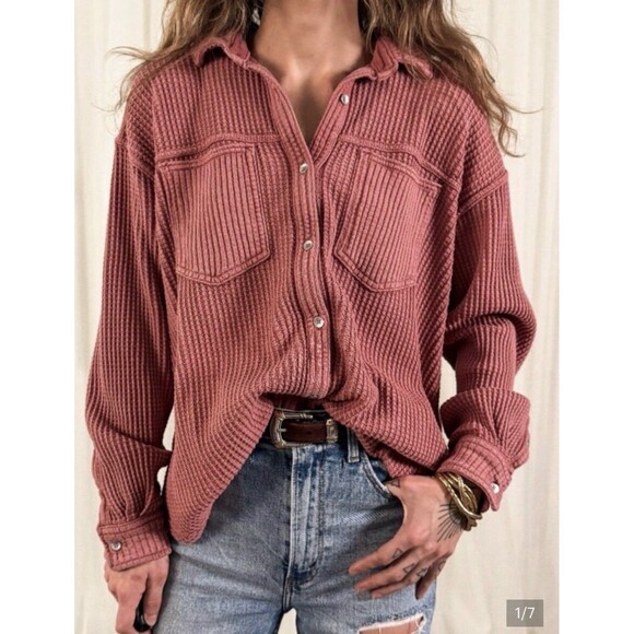 aerie Tops - Aerie LumberJane Top Size XS Waffle Weave Button Front Slouchy Oversized Shacket